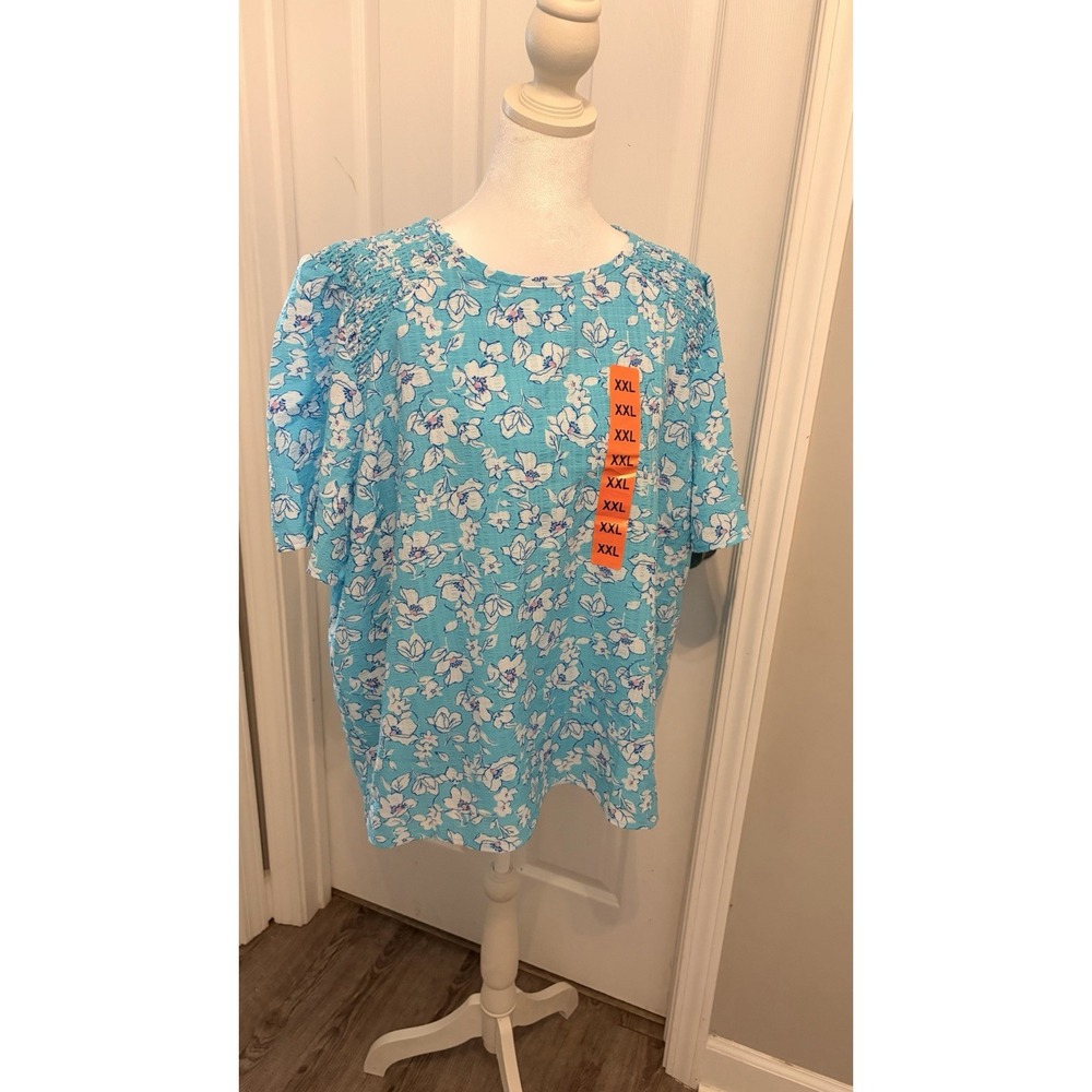 Draper James Blue Floral Short Sleeve Blouse Smocked Shoulder Women's XXL NWT